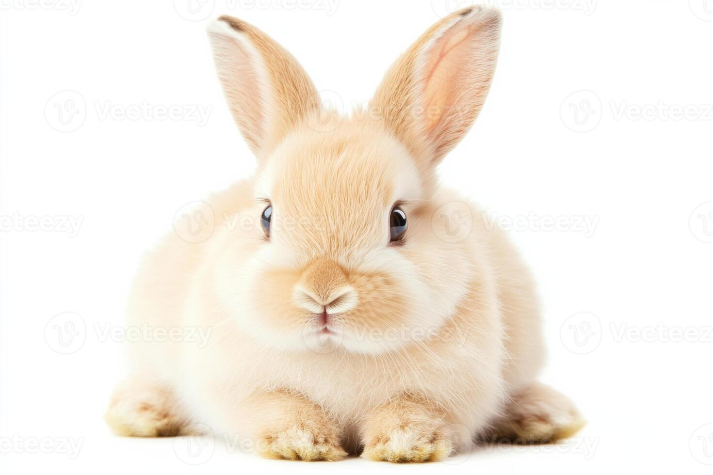 Soft fluffy white rabbit in a winter setting with a calm expression against a minimalist white background photo
