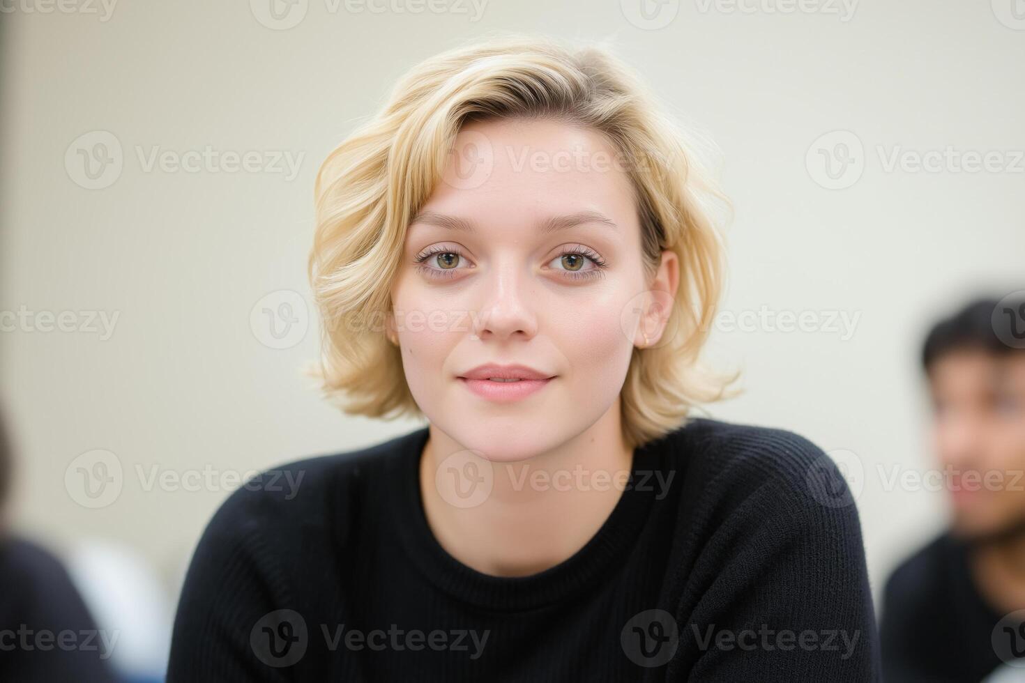 Young professor engages with diverse students in a minimalistic classroom setting during a learning session photo