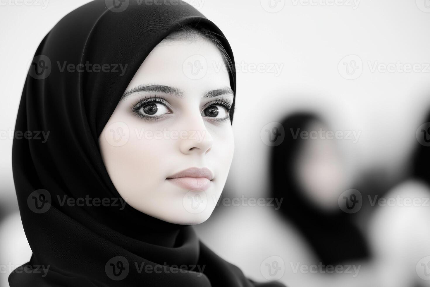 A young female student with a hijab listens intently during a university lecture in soft natural light photo