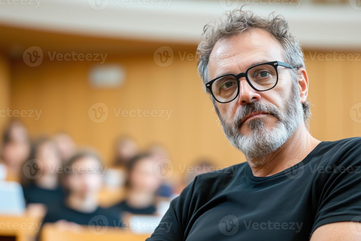 Professor explaining concepts to attentive students in a modern lecture hall filled with natural light photo