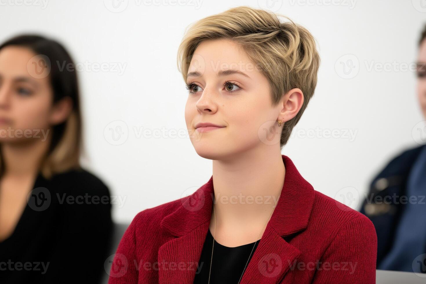 Young professor engaging with students in a small classroom setting during an educational session photo