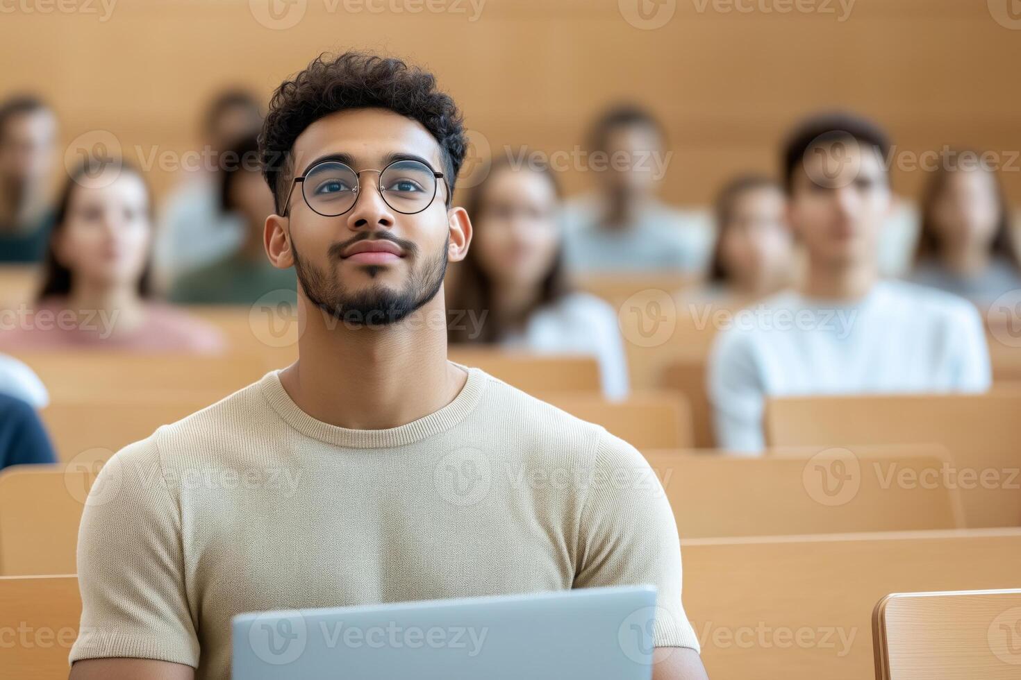 Young South Asian man engaged in lecture with laptop in bright classroom setting photo