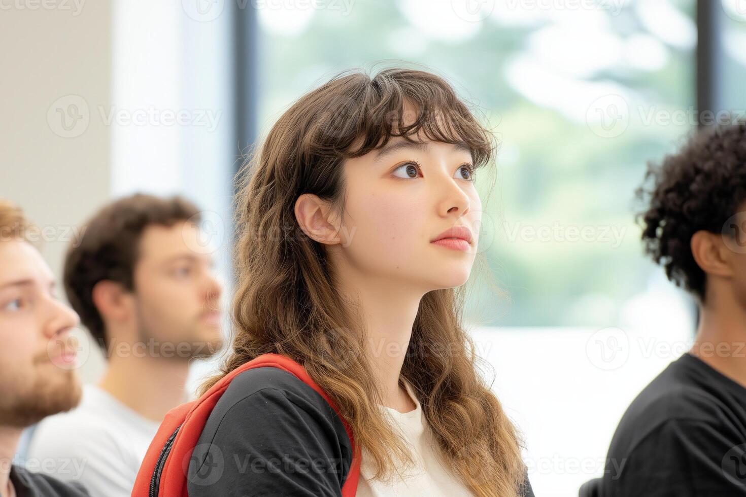 Diverse group of students engaged in learning during a bright classroom lecture photo