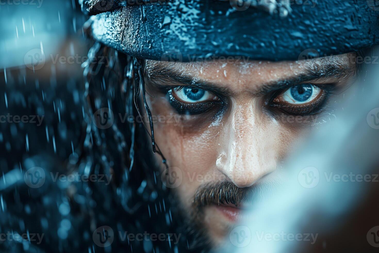 A determined pirate navigates his ship through a fierce storm with wild hair and intense focus photo