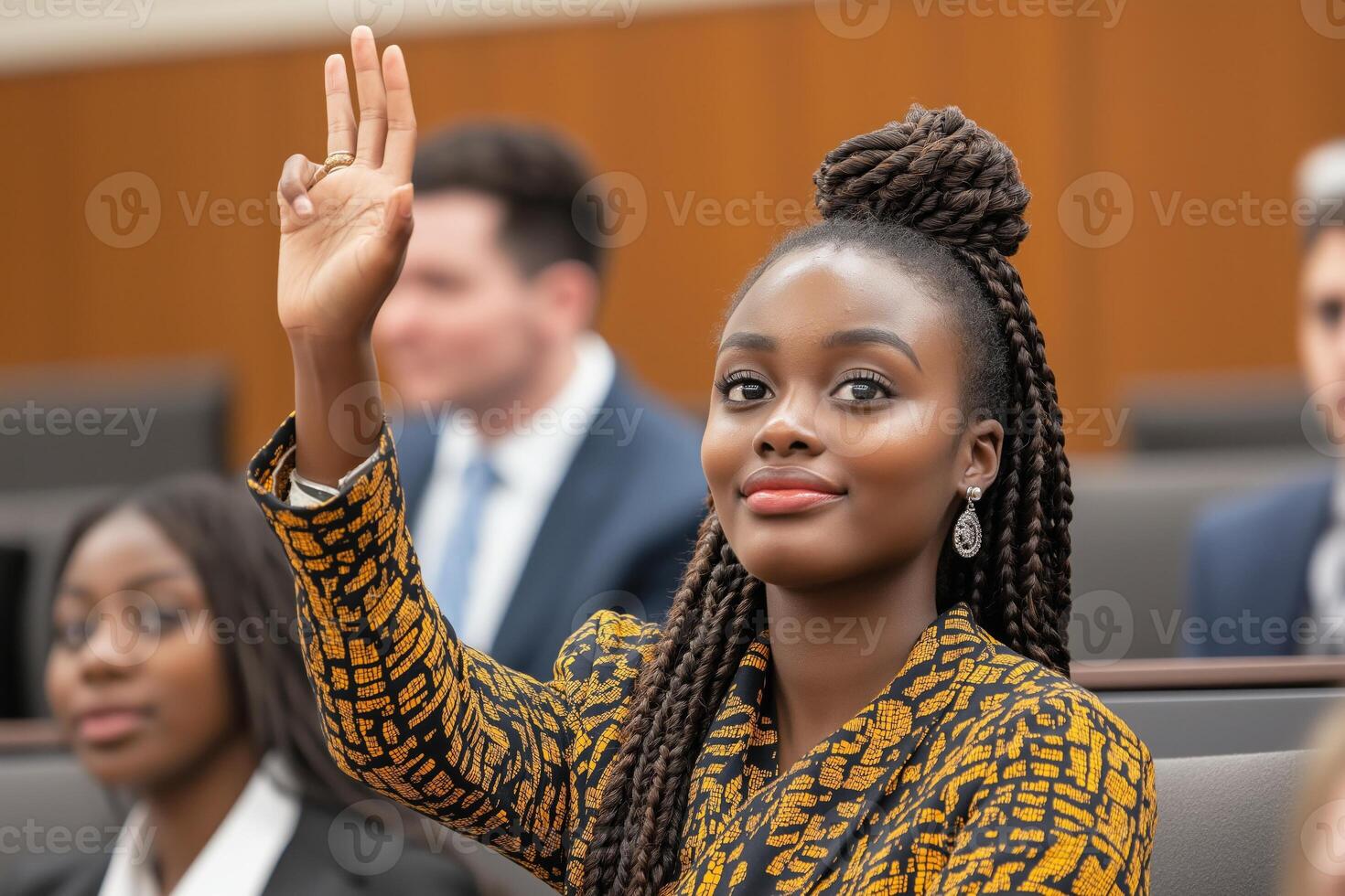Diverse group of students engaged in a lecture with one woman raising her hand in an inviting classroom setting photo