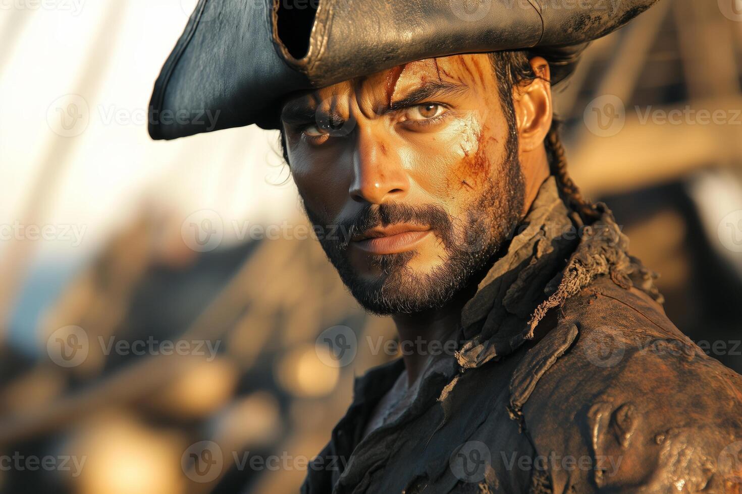 Battle-worn pirate stands resolutely amidst shipwreck debris at sunset in a rugged maritime setting photo