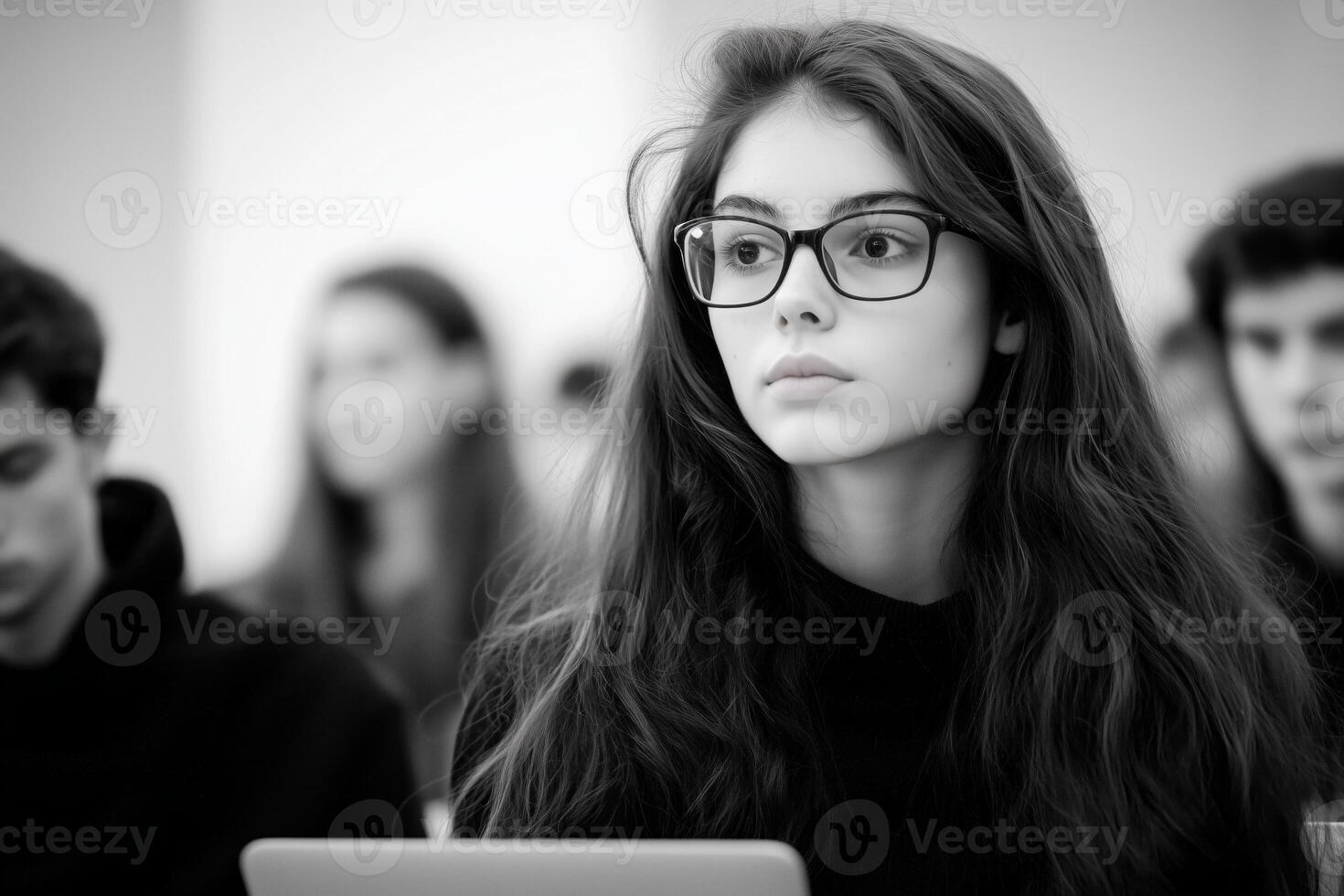 Young female student focused on laptop during lecture in bright classroom with fellow students present photo