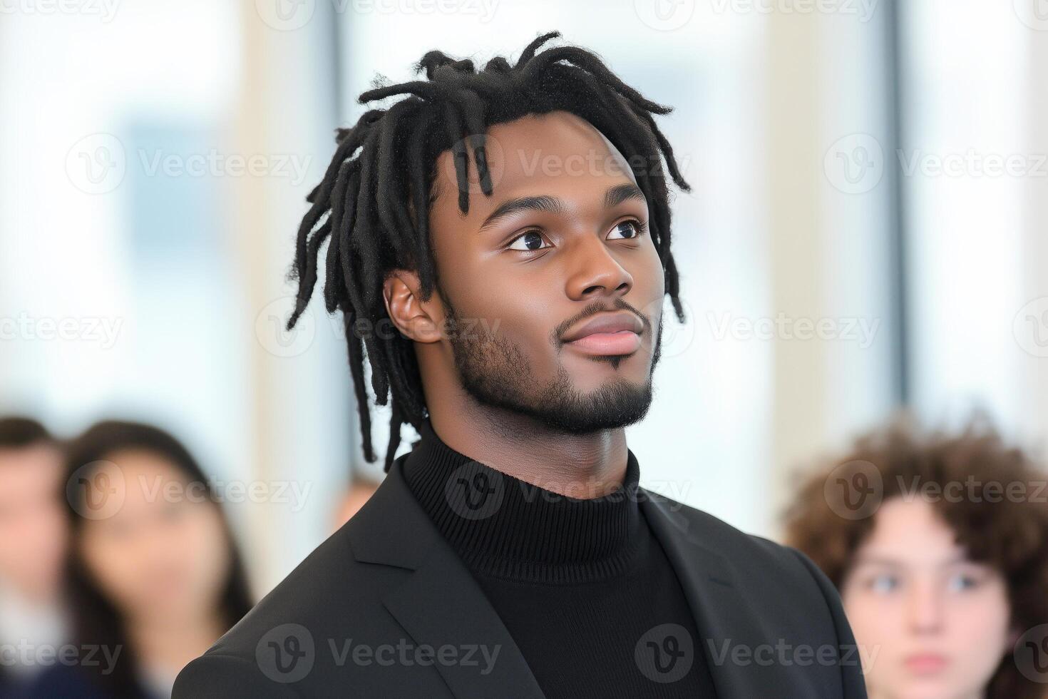 Diverse students engaged in a lecture with an animated speaker in a bright classroom photo