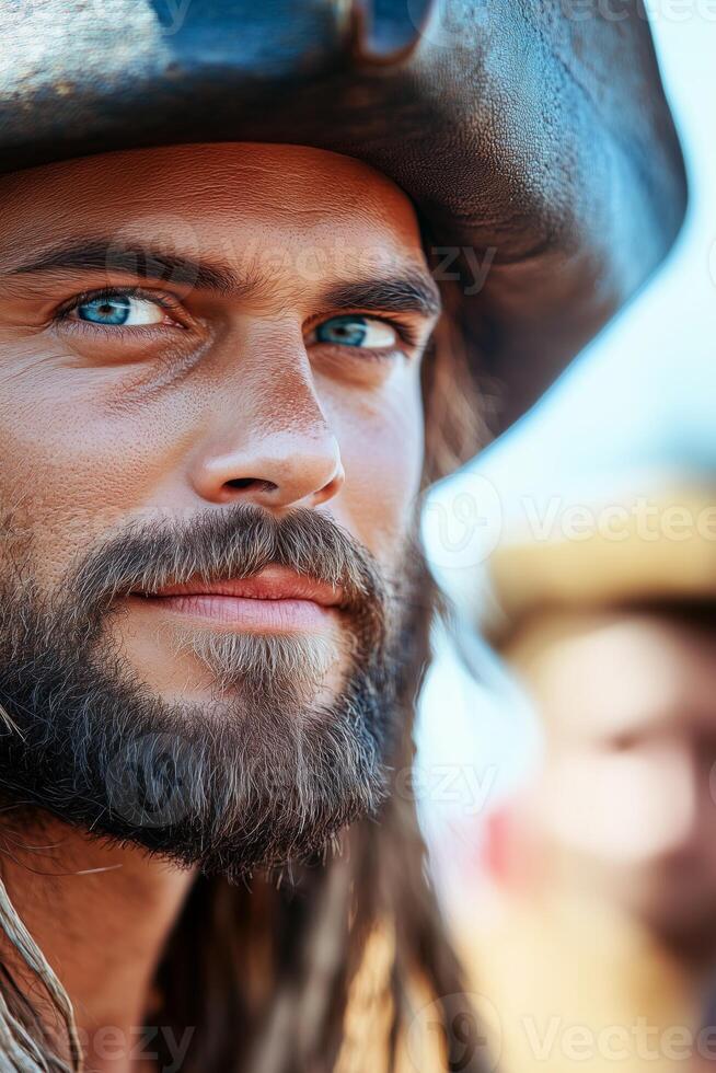 A fierce pirate confronts an enemy on a desolate beach under a clear sky in a dramatic anime style close-up photo