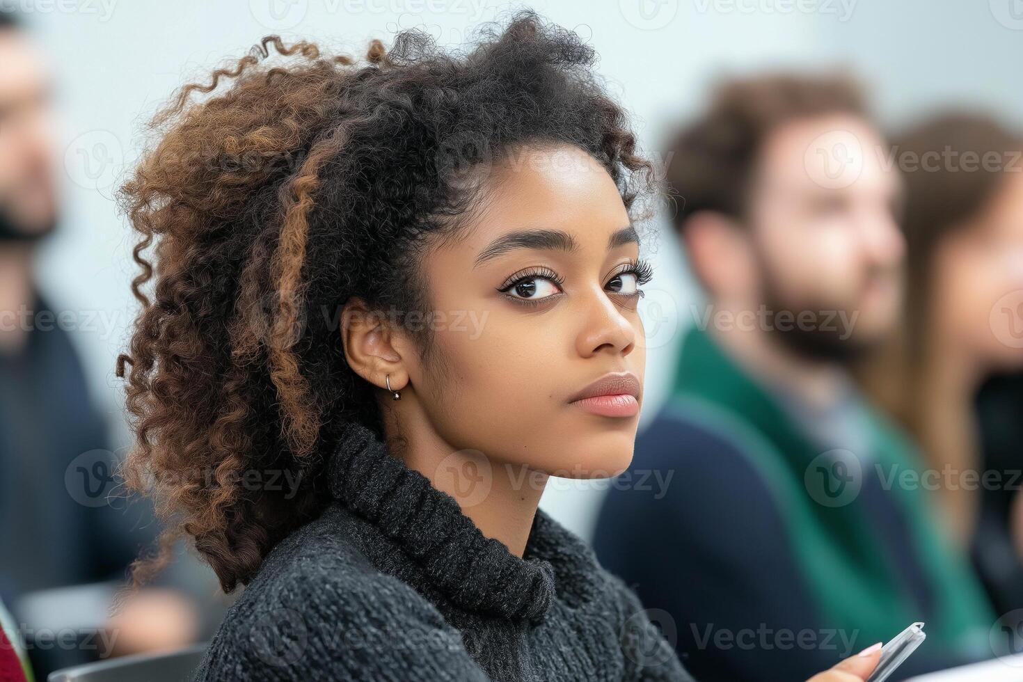 Diverse students engaging attentively in a modern classroom during a lecture with a focused instructor photo