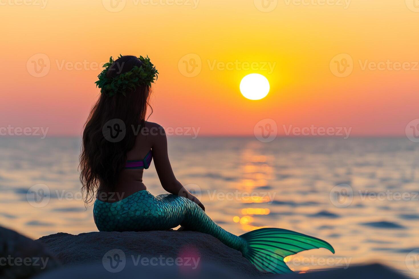 A graceful mermaid with green hair sits on a rock gazing at the enchanting sunset over the ocean waves photo