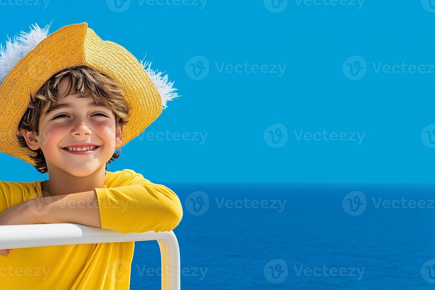 A young pirate with a feathered hat smiles mischievously while leaning over the ships railing, gazing at the ocean photo