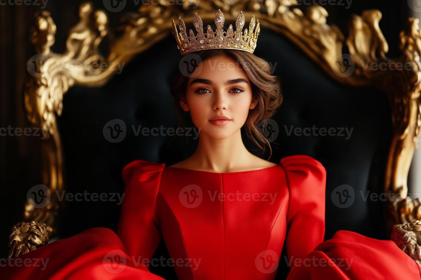A regal woman adorned with a golden crown seated on an ornate throne in a rich, dark setting showcasing elegance photo