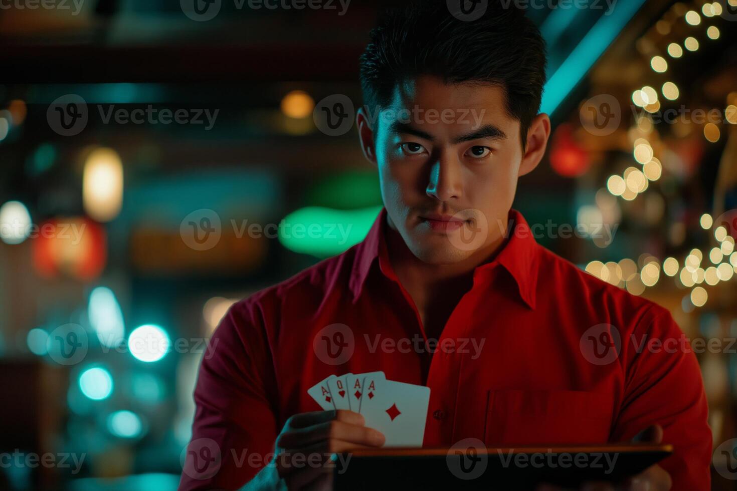 Magician captivates audience with suspended card trick under soft stage lights photo