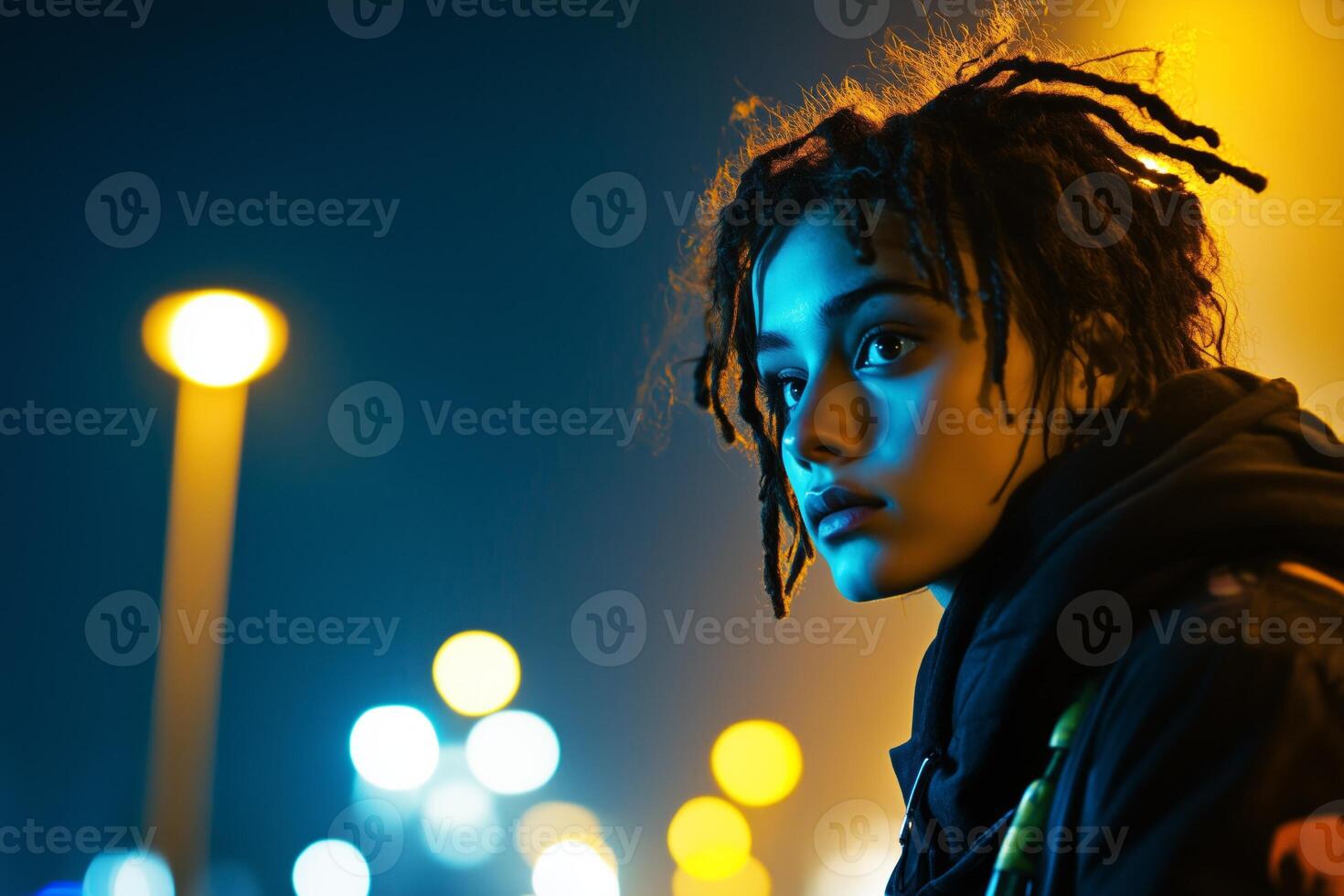 Crown woman with short dreads reflecting on life under city streetlights at night photo