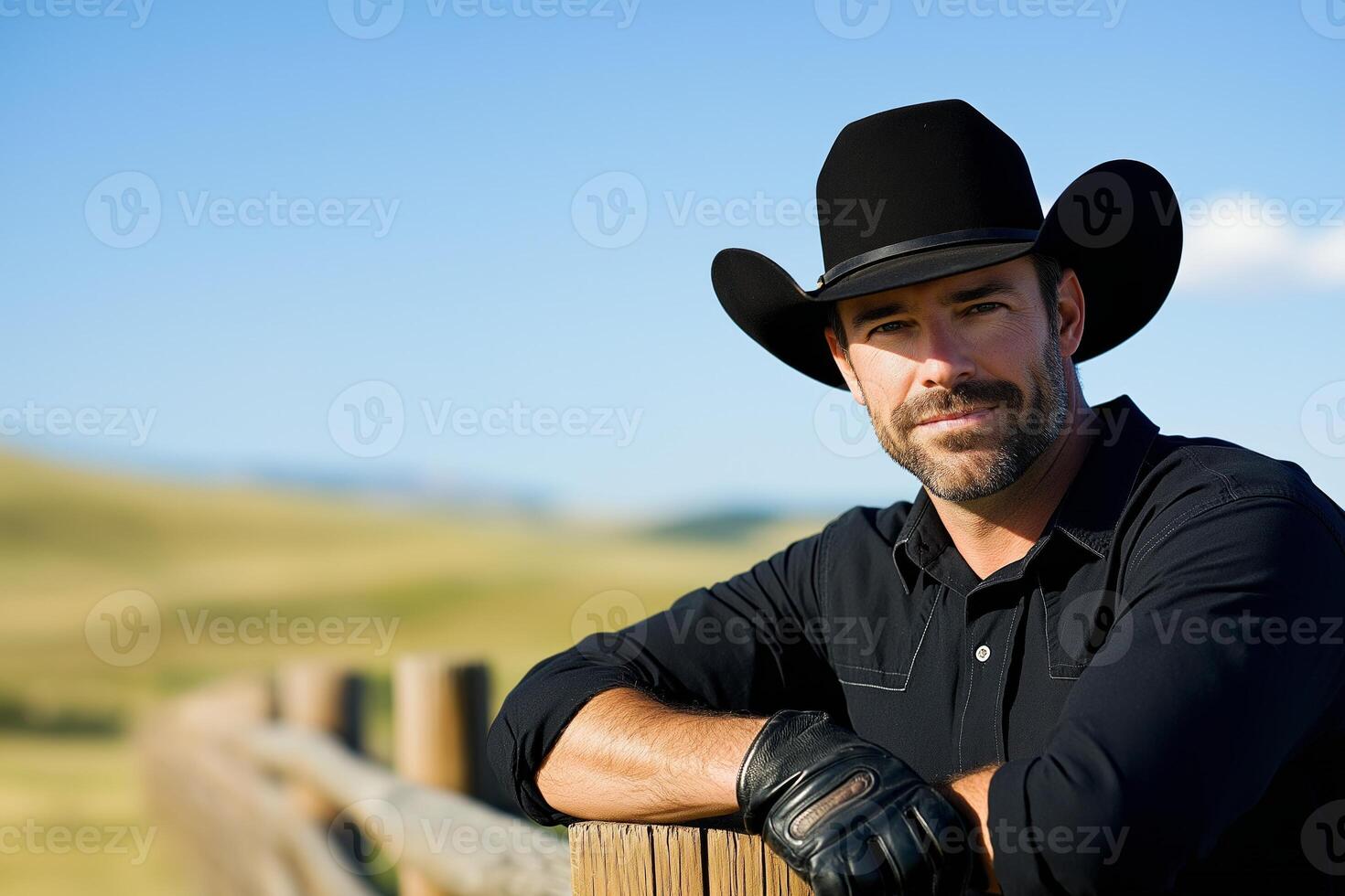 Cowboy in a black hat adjusting gloves while leaning against a wooden fence in rolling hills under clear sky photo