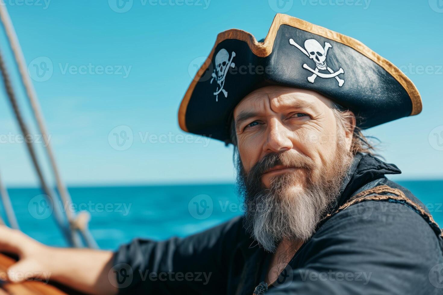 Serious pirate with a tricorn hat leans against ship railing, looking over clear blue sea and sky photo