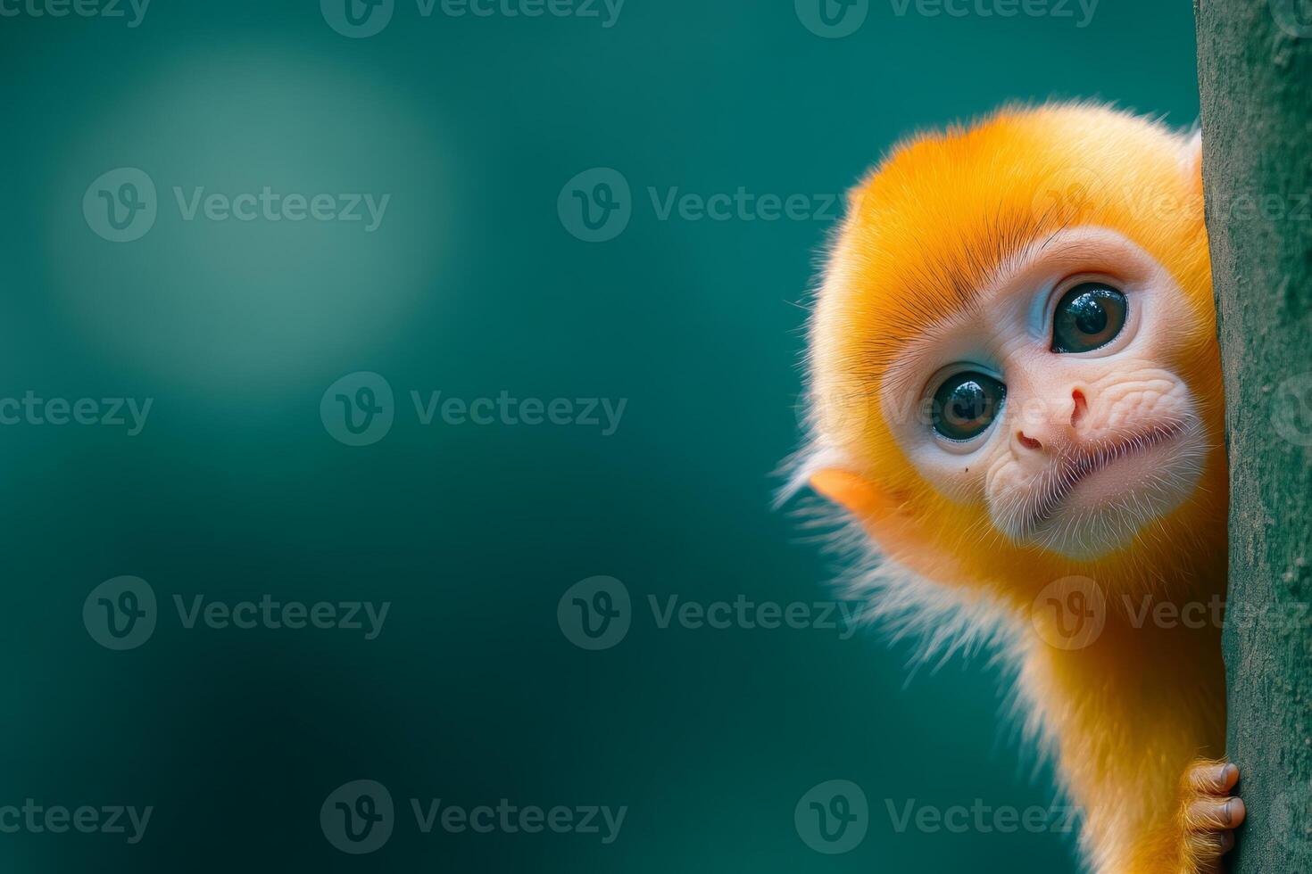 Curious golden-furred monkey exploring its surroundings in soft daylight against a blurred background photo