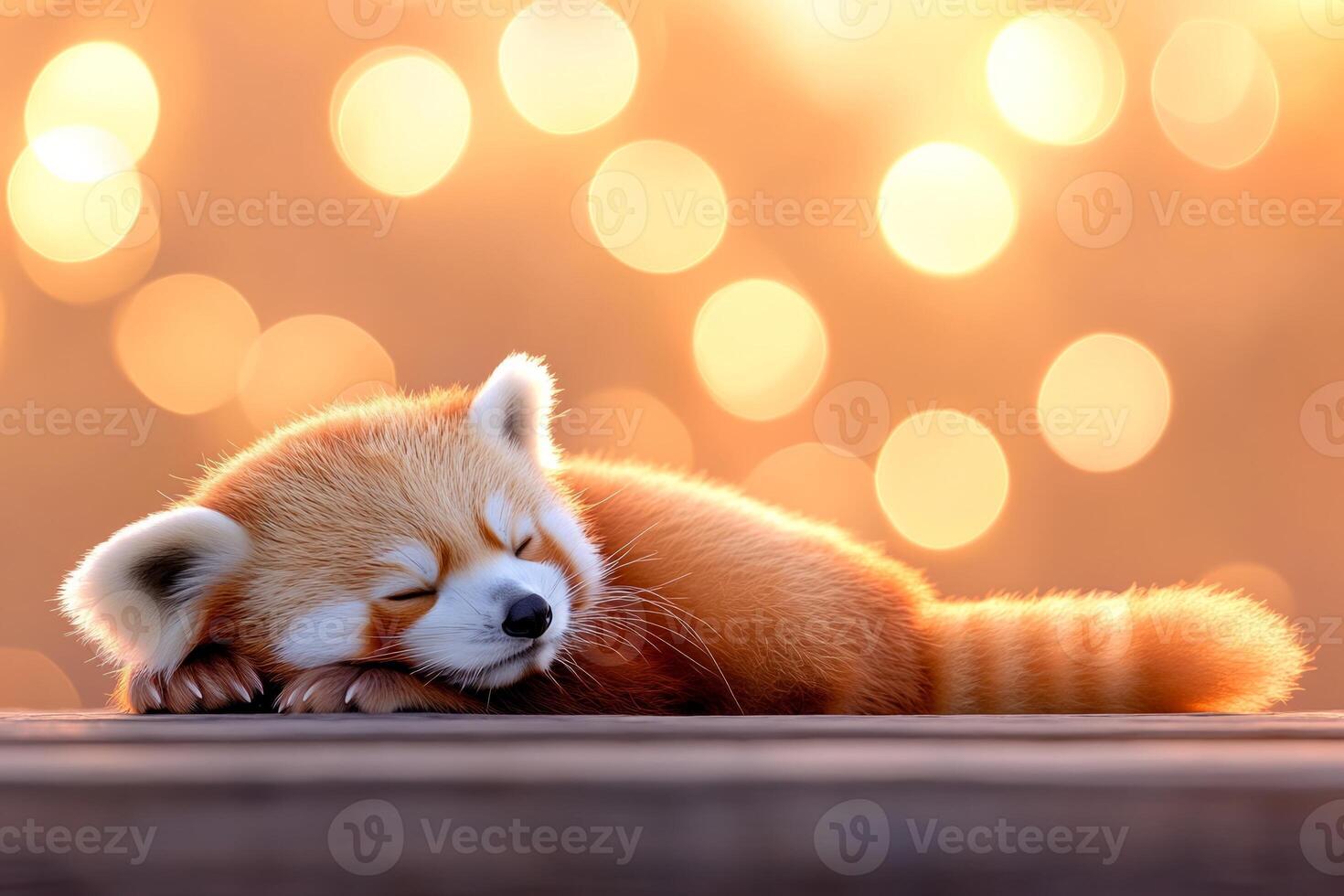 Adorable red panda lounging thoughtfully on wood with a soft daylight backdrop in a serene setting photo