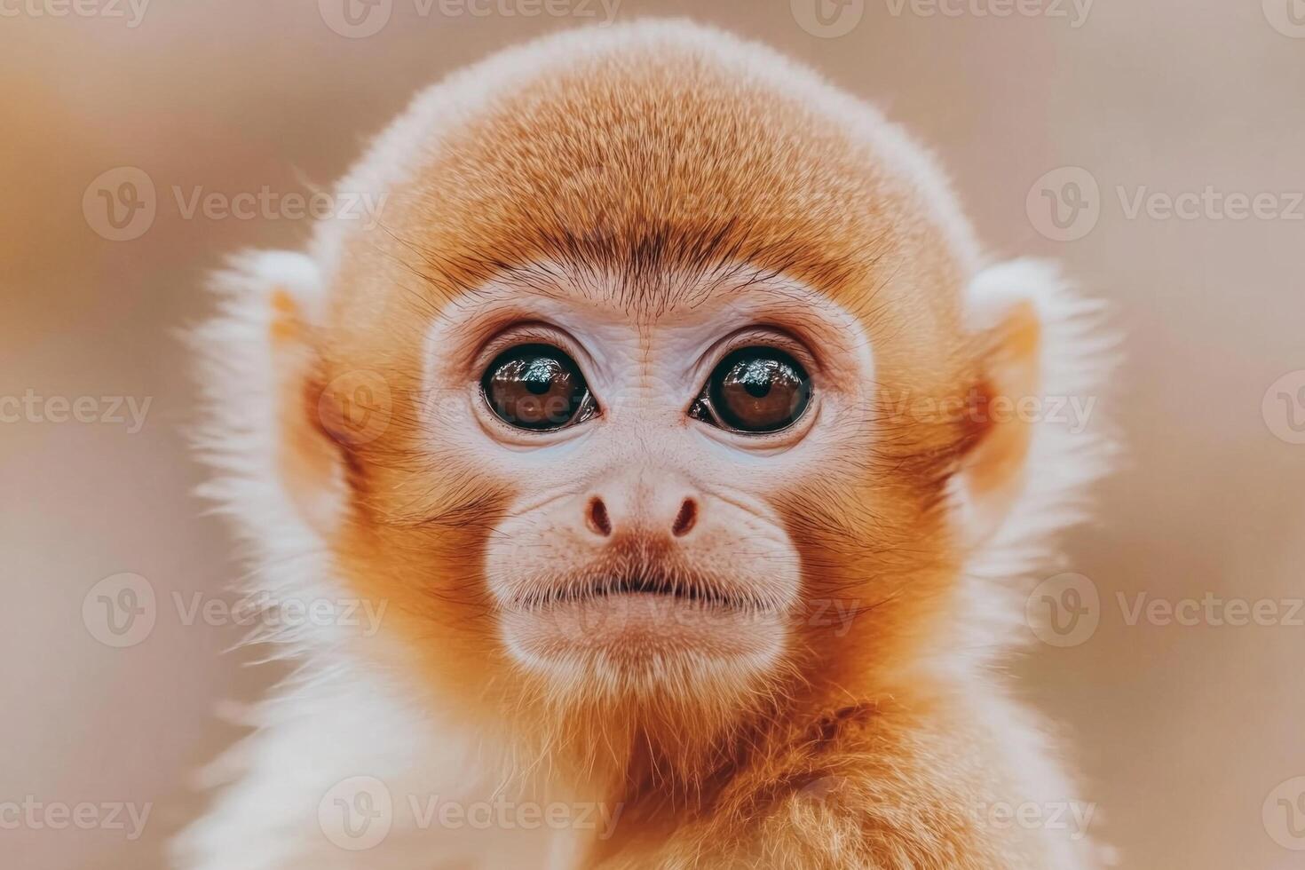 Fluffy monkey with gentle gaze in warm natural light against softly blurred neutral background photo