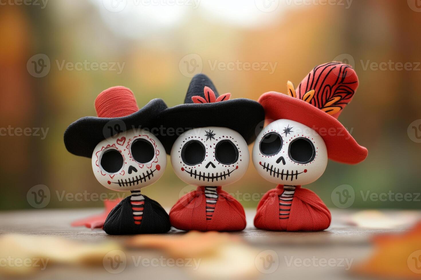 Colorful Day of the Dead figures with decorative hats gathered in a mystical forest illuminated by candlelight photo