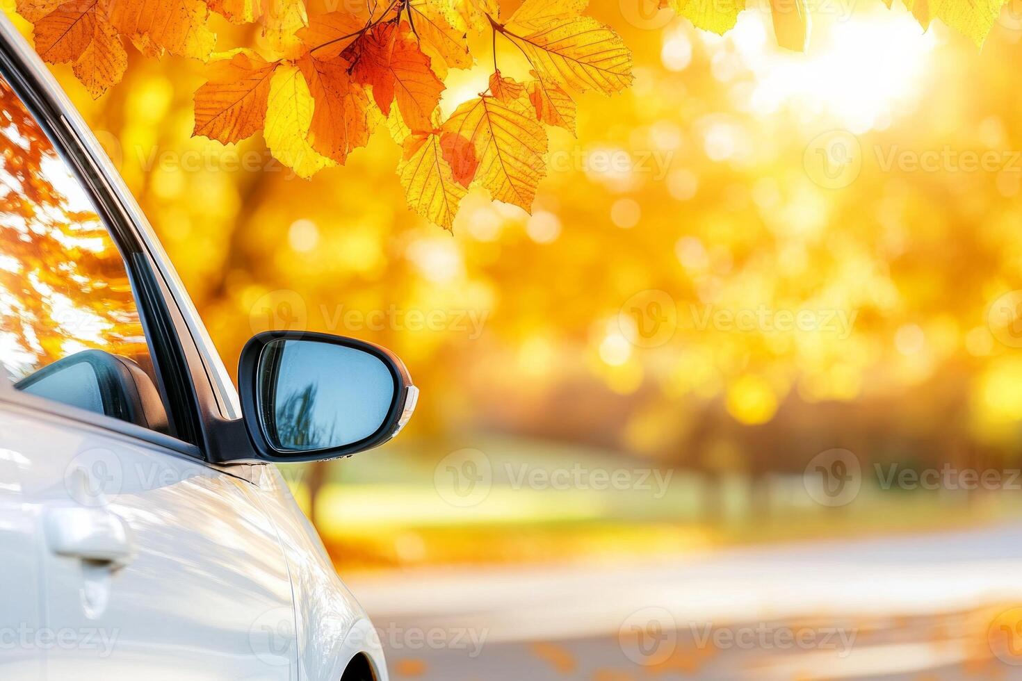 Sunset view from a car window showcasing an autumn landscape with golden sunlight in the distance photo