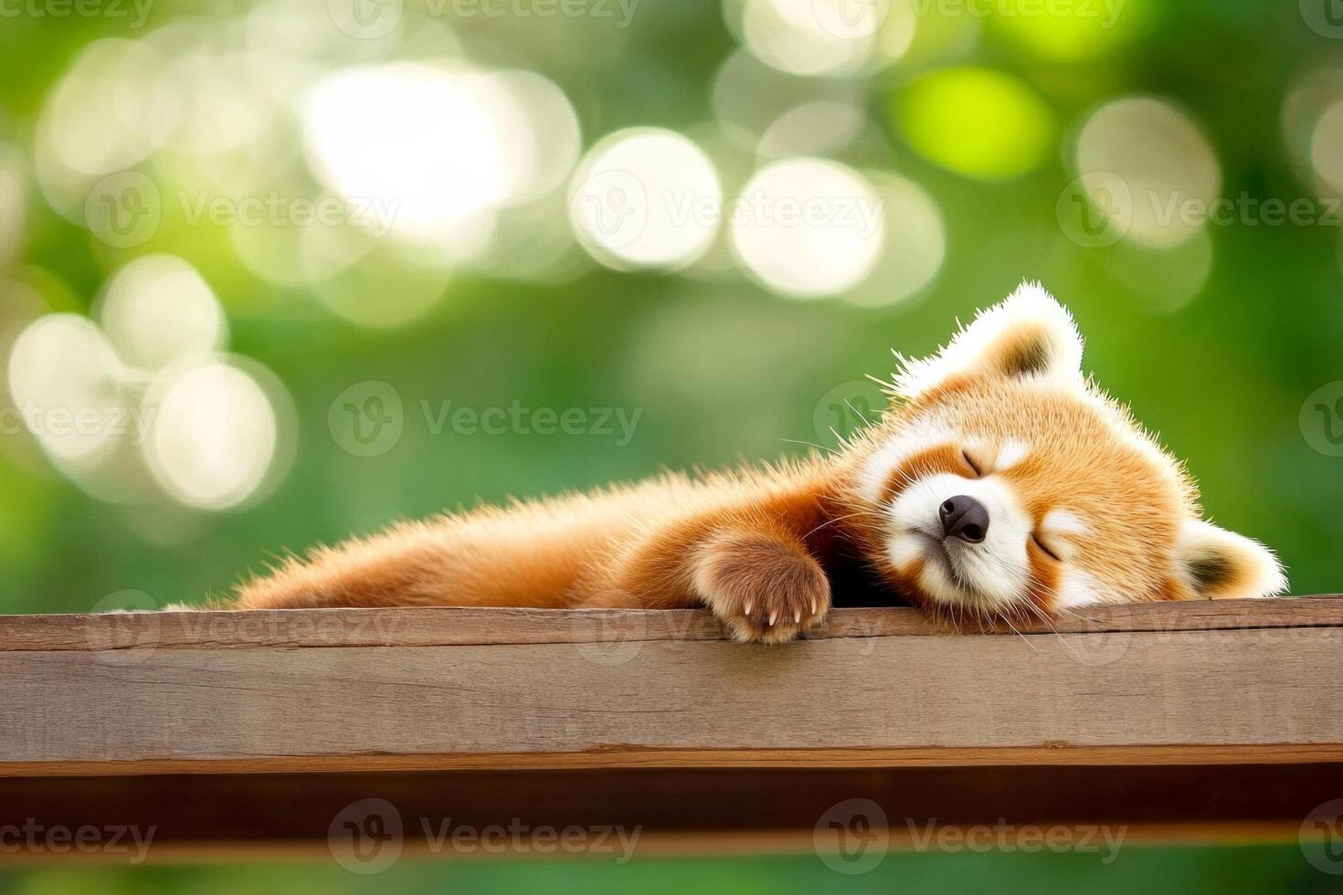 A cute red panda resting peacefully on a wooden plank amidst a soft blurred background in gentle daylight photo