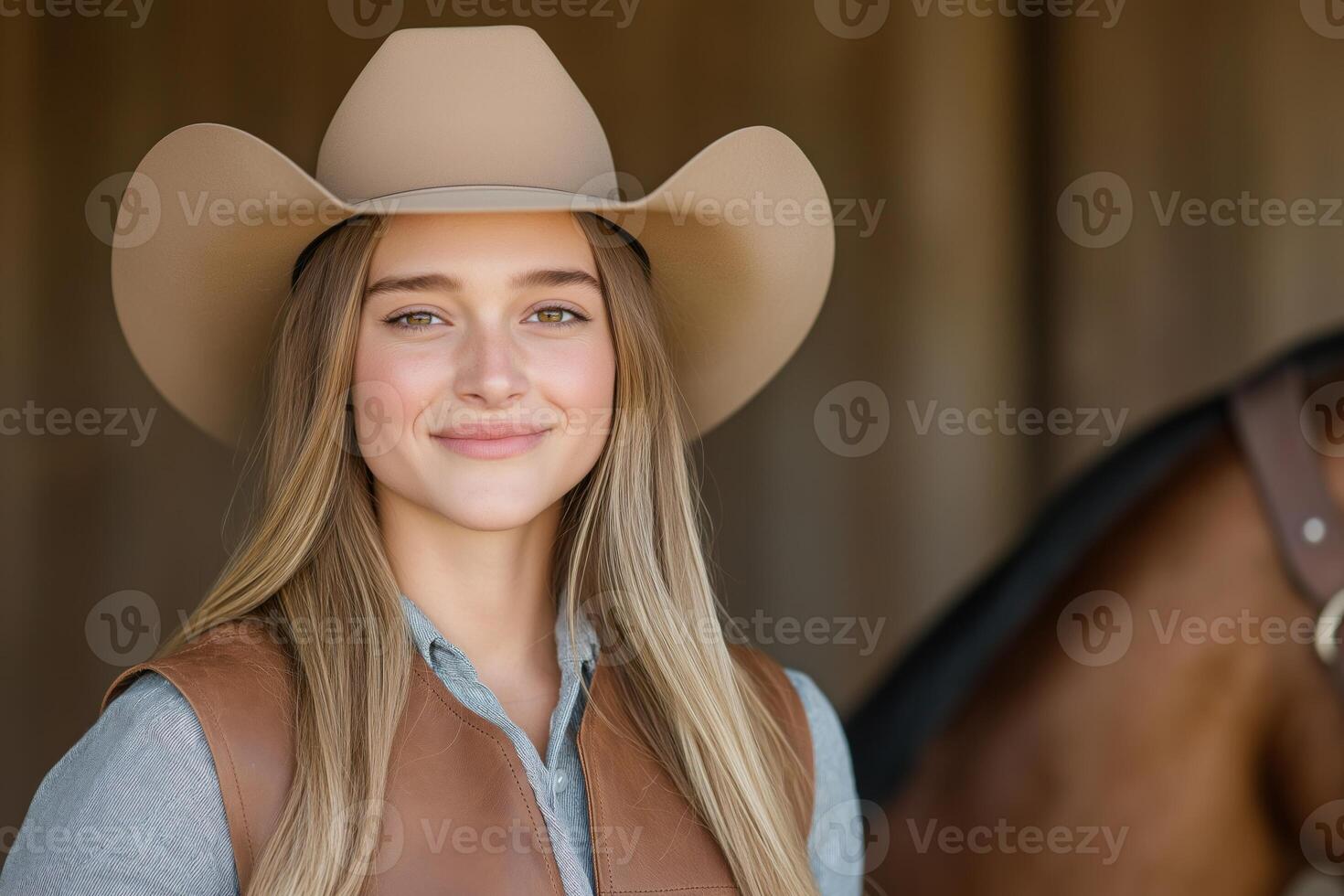 Confident cowgirl in a leather vest and hat stands proudly by her horse in a rustic barn under warm sunlight photo