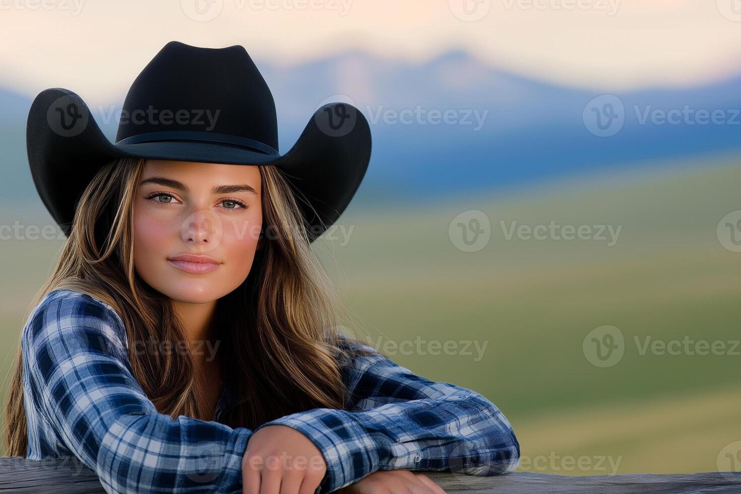 A cowgirl gazes towards the mountains while leaning on a ranch fence during the peaceful morning light photo