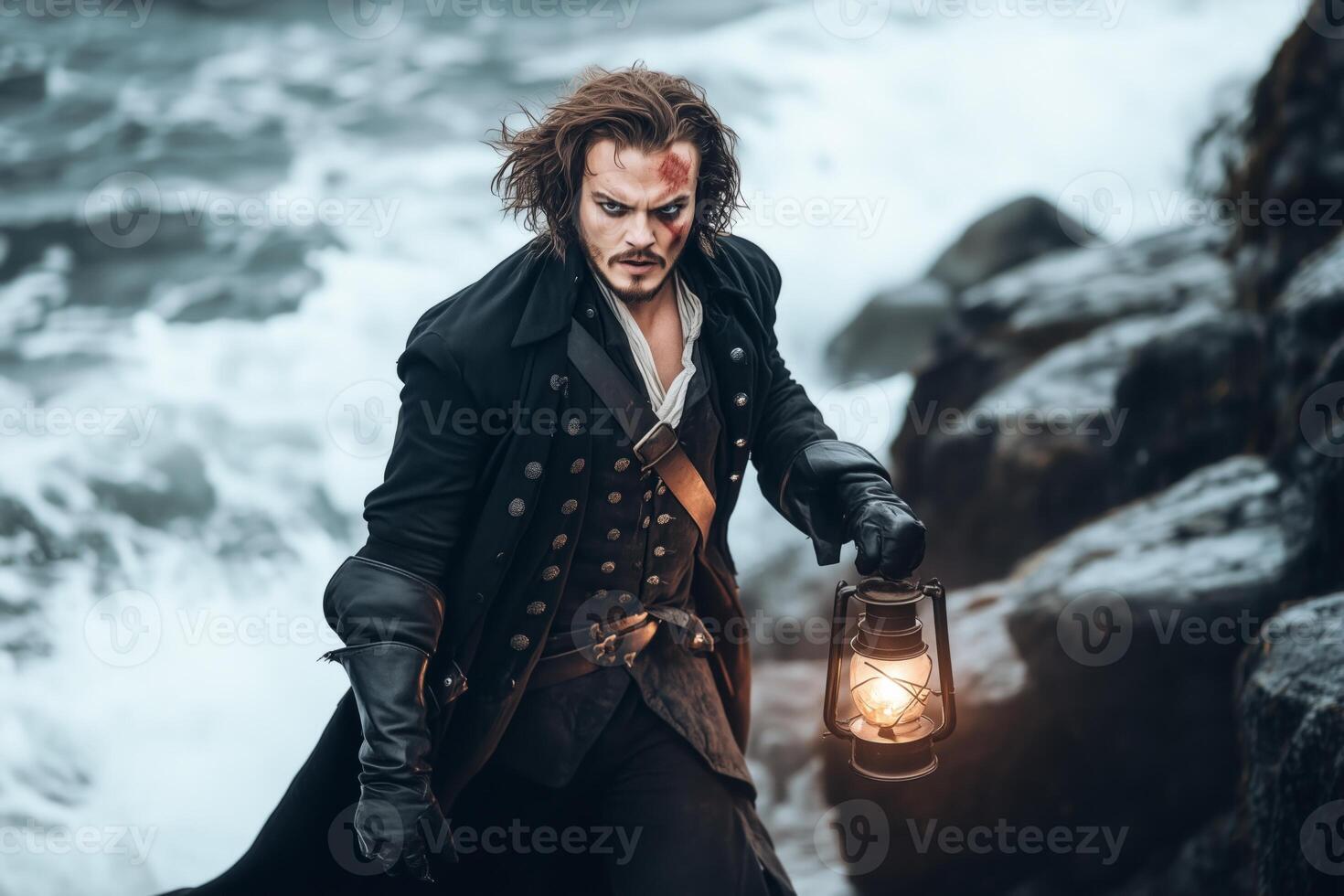 A pirate with wild hair walks along a rocky shore holding a lantern as waves crash around him photo
