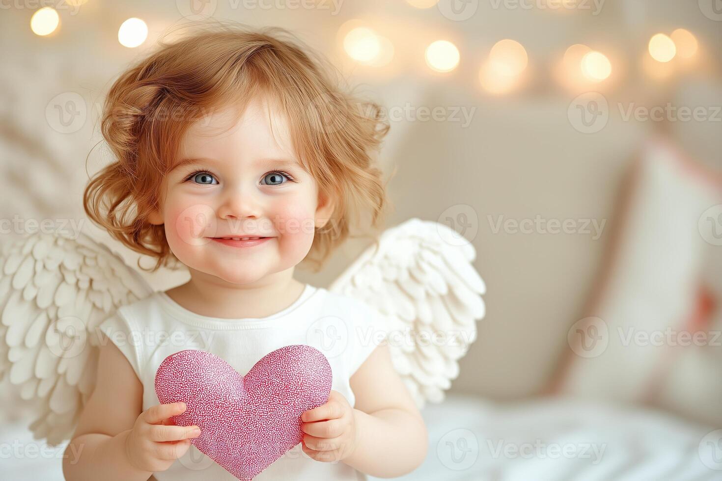 Cute cupid in a cozy studio holding a pink heart with a warm smile and angel wings photo