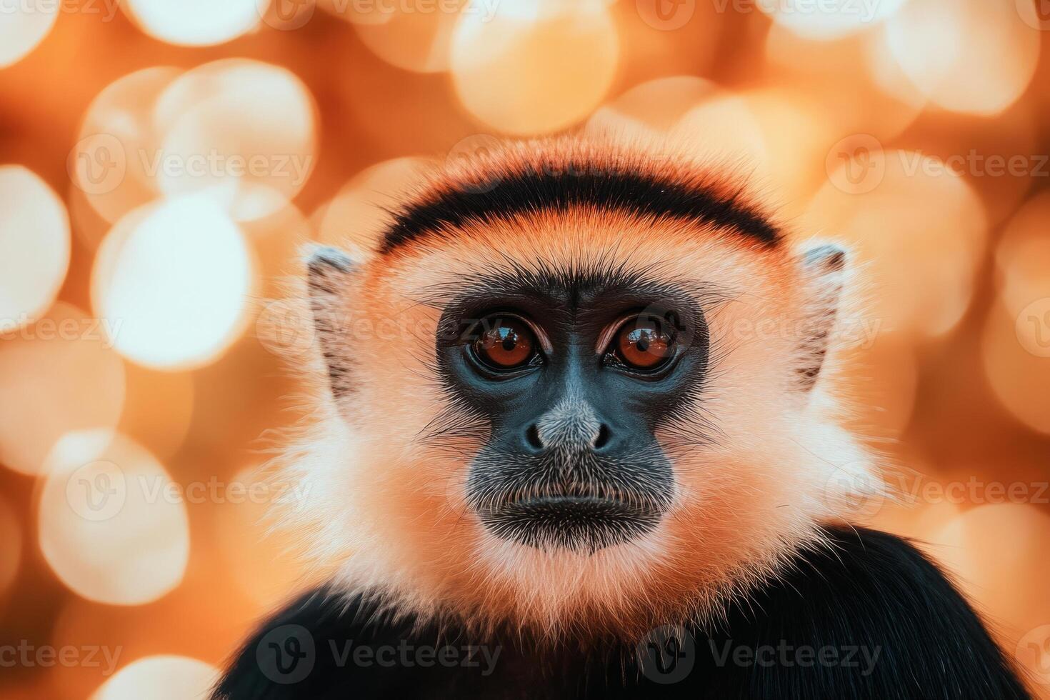 Adorable golden-furred monkey gazes into the camera against a soft blurred background in gentle daylight photo