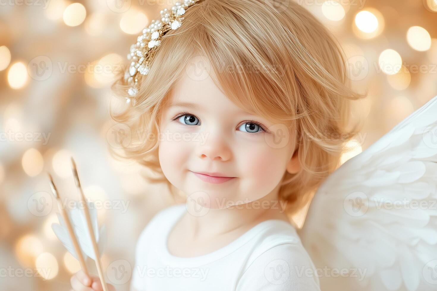 A cheerful young cupid smiles while holding a bow and arrow in a floral background photo