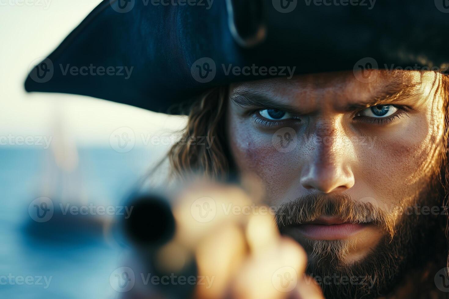 A fierce male pirate hero aiming his pistol towards a distant ship amidst crashing sea waves at sunset photo