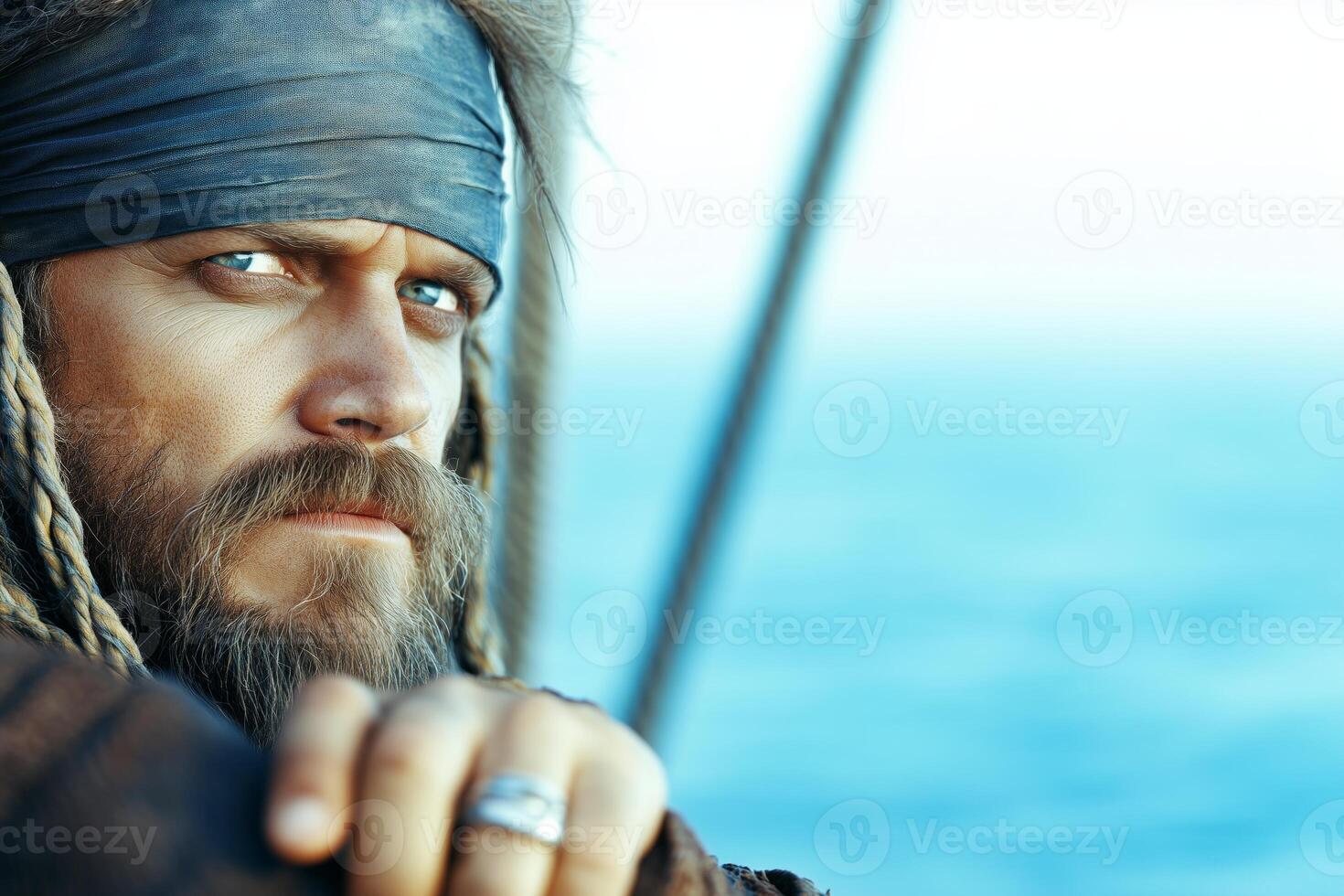 A determined pirate with braided beard steering the helm against the backdrop of a vast ocean photo