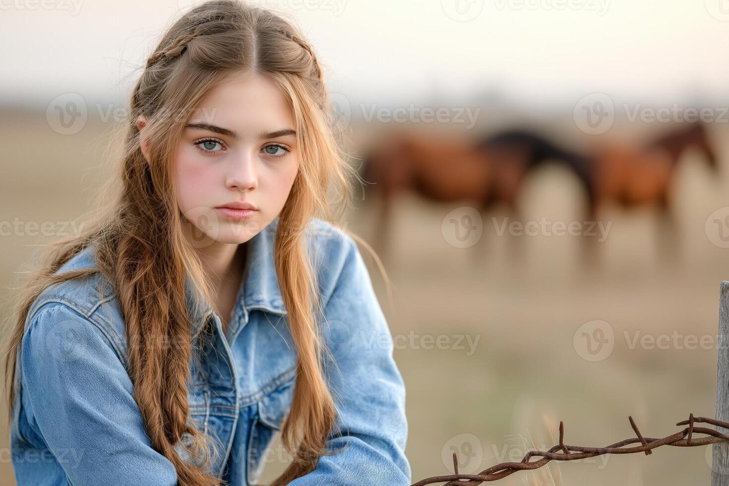 A young cowgirl in denim and boots relaxes on a fence post while horses graze in the warm afternoon light photo