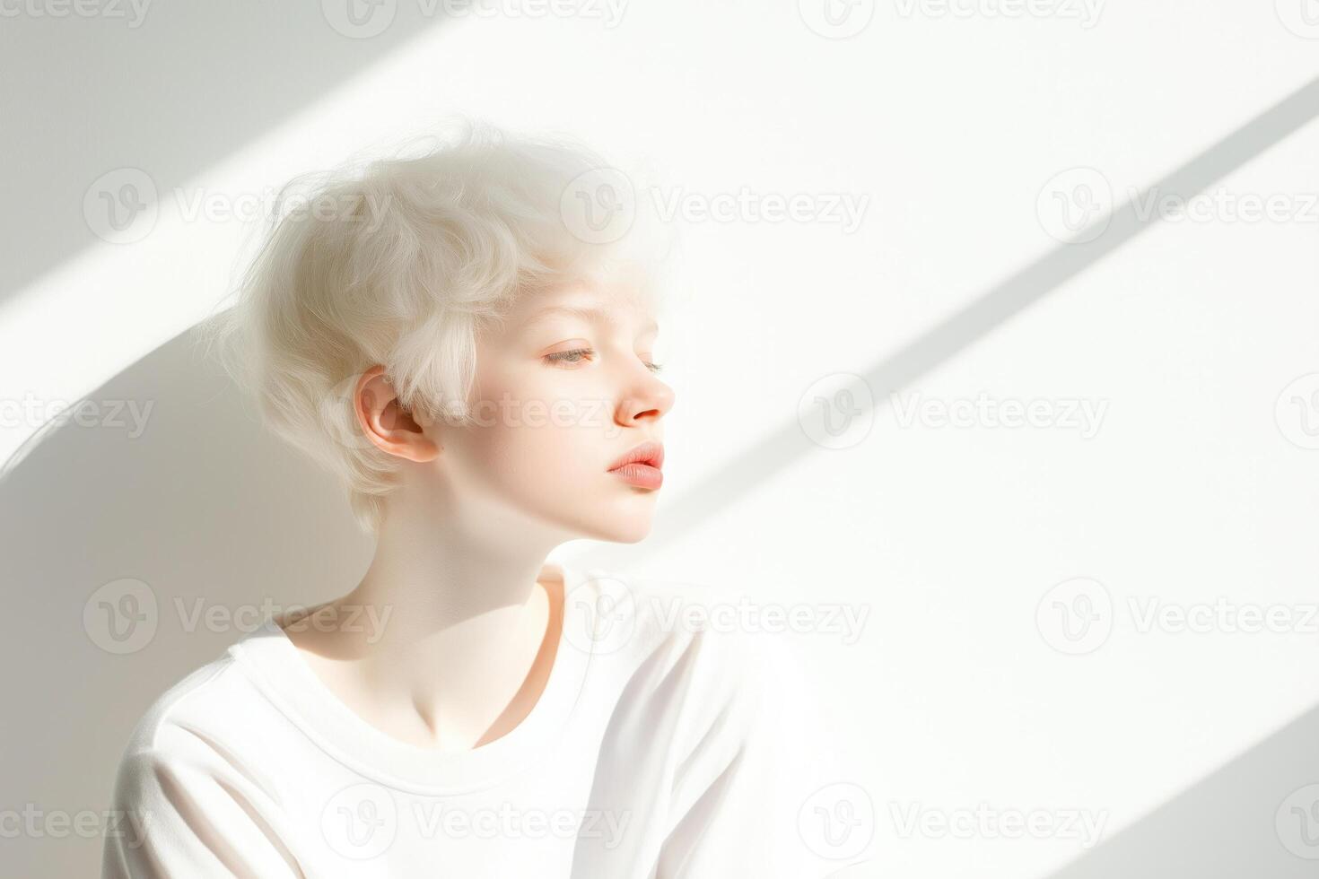 A pale-skinned woman with albinism thoughtfully gazes to the side in a bright white room filled with natural light photo