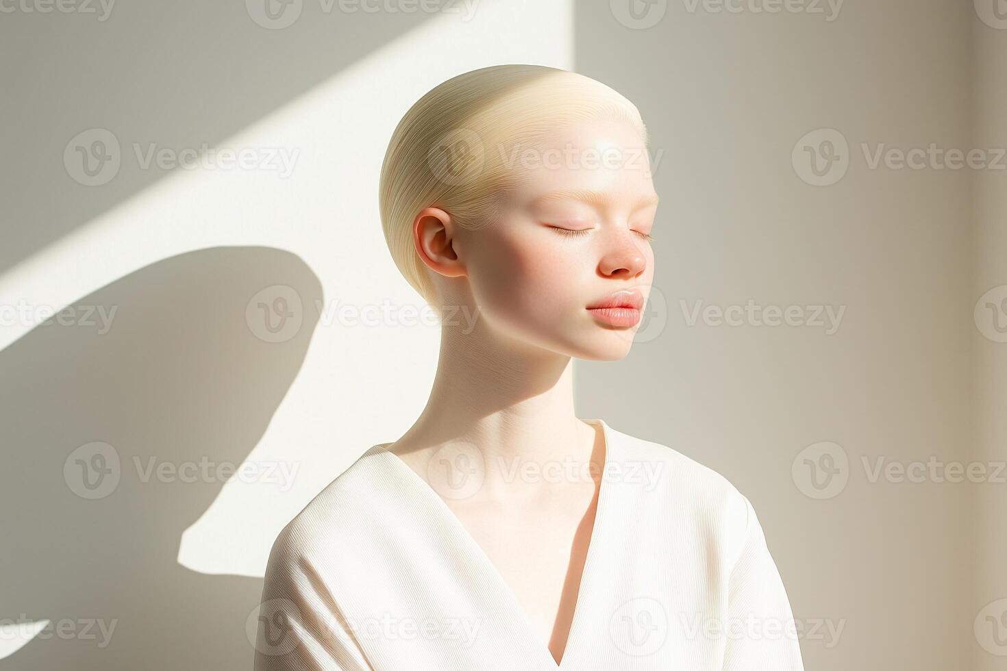 Pale-skinned woman with albinism in a serene room by a white wall illuminated by soft natural light photo