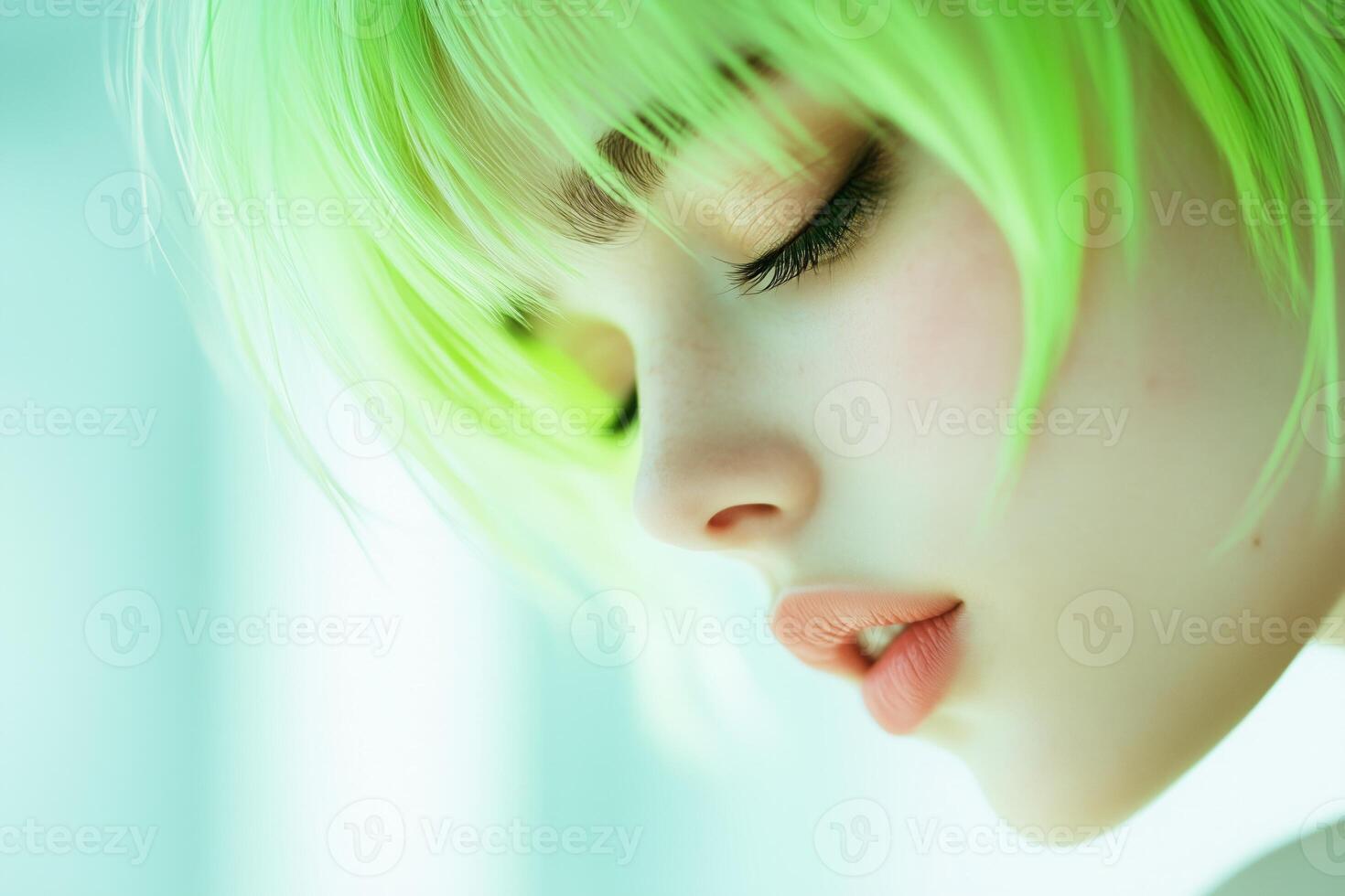 Thoughtful young woman with neon green hair gazes downward in soft ambient lighting against a neutral background photo