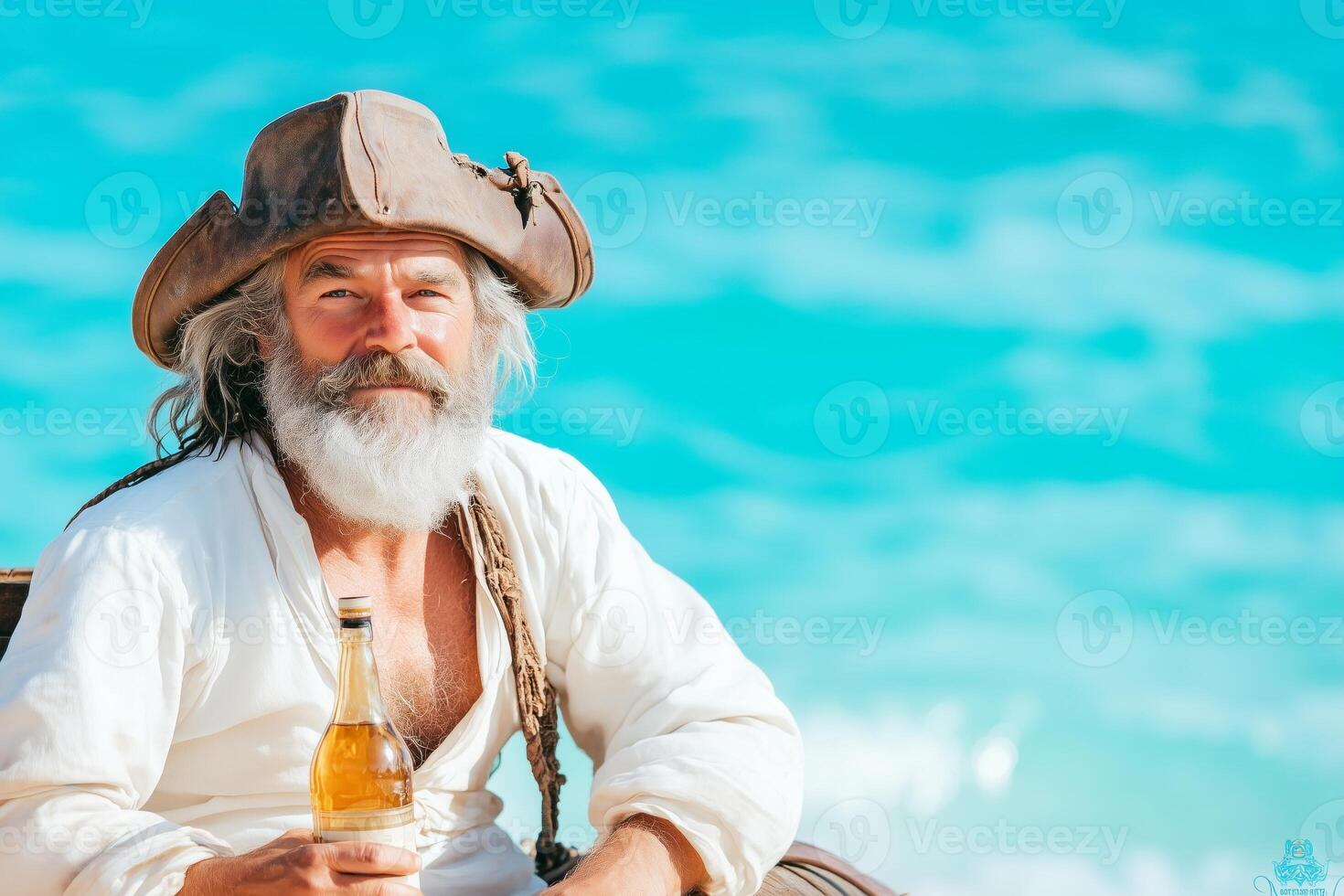 An older pirate enjoys a bottle of rum while relaxing on a barrel by the ocean waves at a tranquil beach photo
