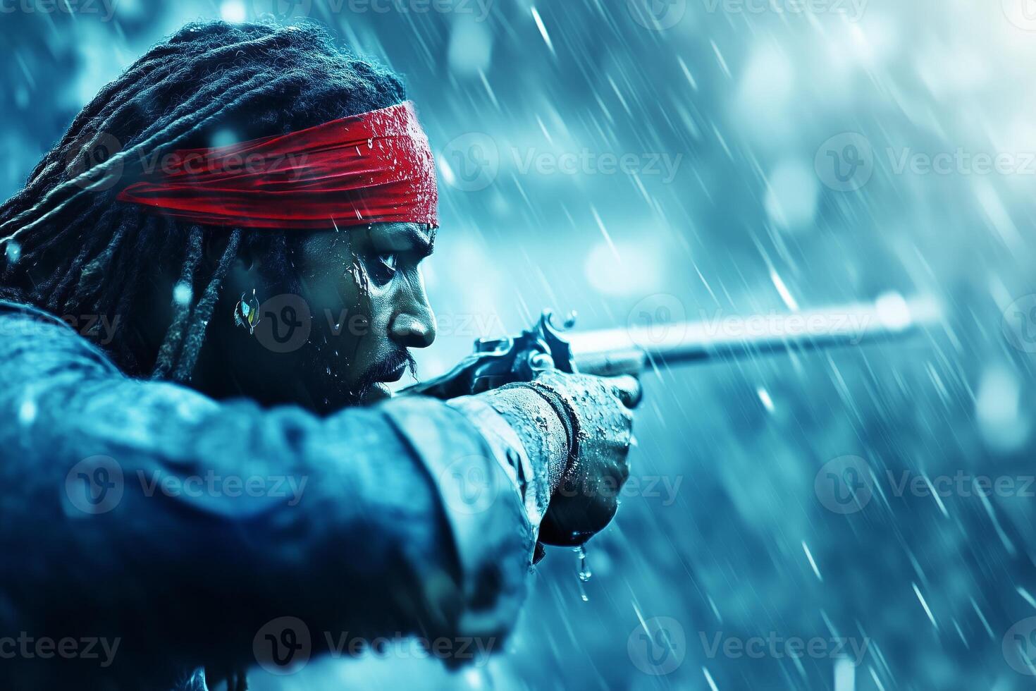 A pirate with dreadlocks aims his musket at sea during a stormy rain with dark clouds looming overhead photo
