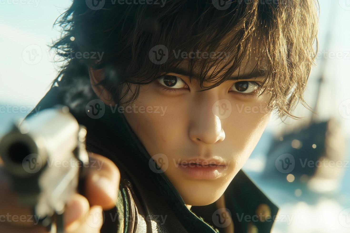 A determined pirate hero aiming his pistol at a distant ship under the bright sky photo