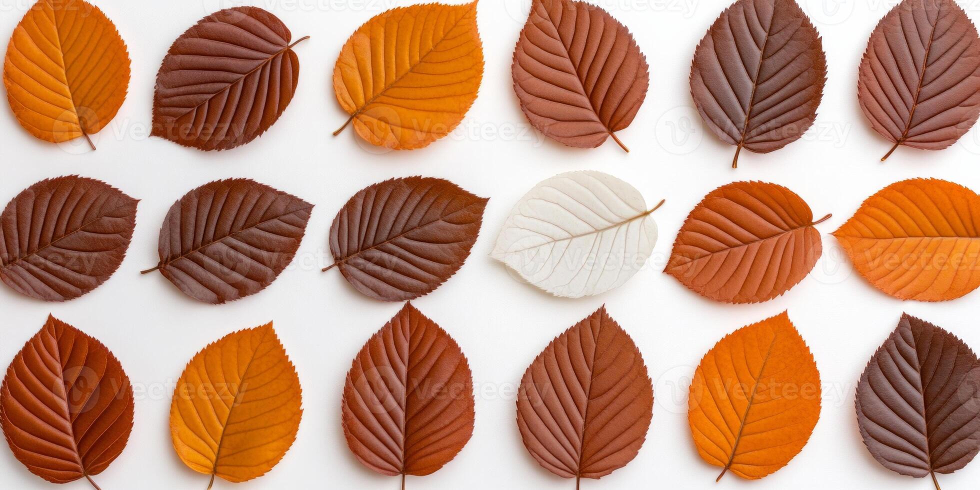Beautiful collection of scattered orange and brown autumn leaves with natural textures on a light gradient background photo