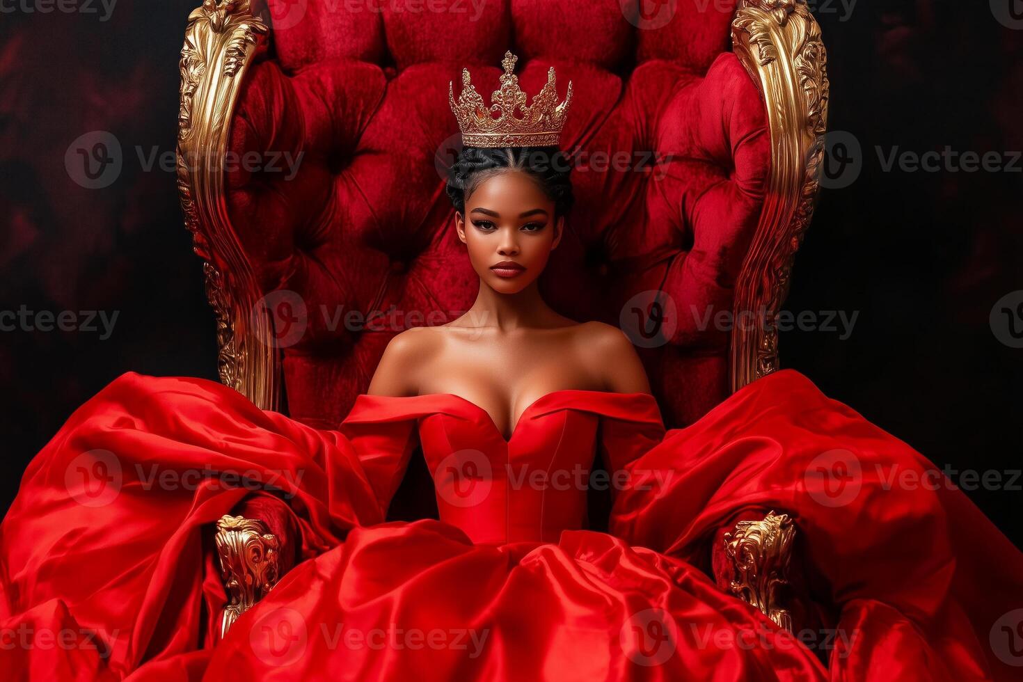 A regal woman in a golden crown seated gracefully on a lavish throne wearing an elegant red gown photo