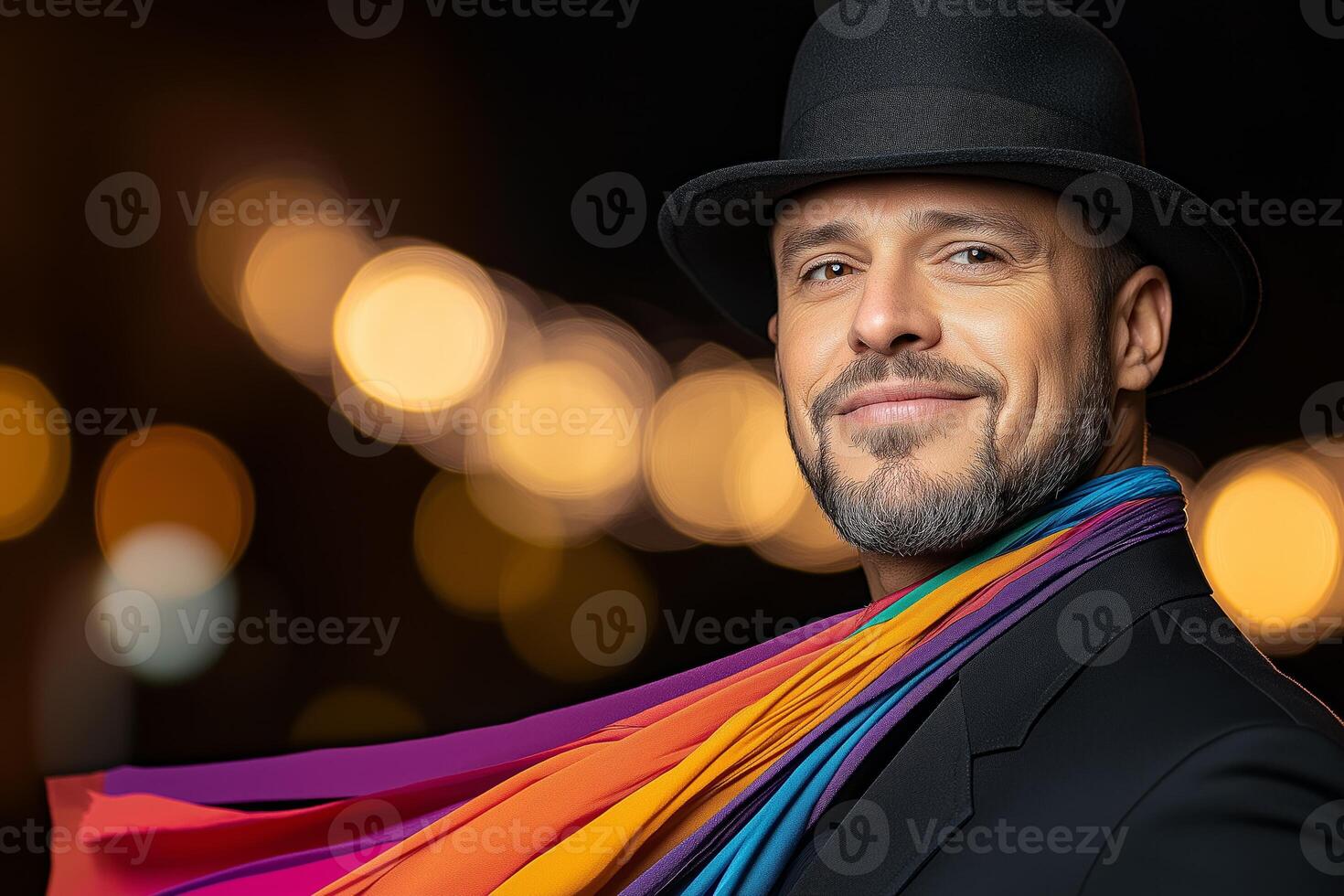 Magician pulling colorful scarves from a top hat with a playful expression under stage lights photo