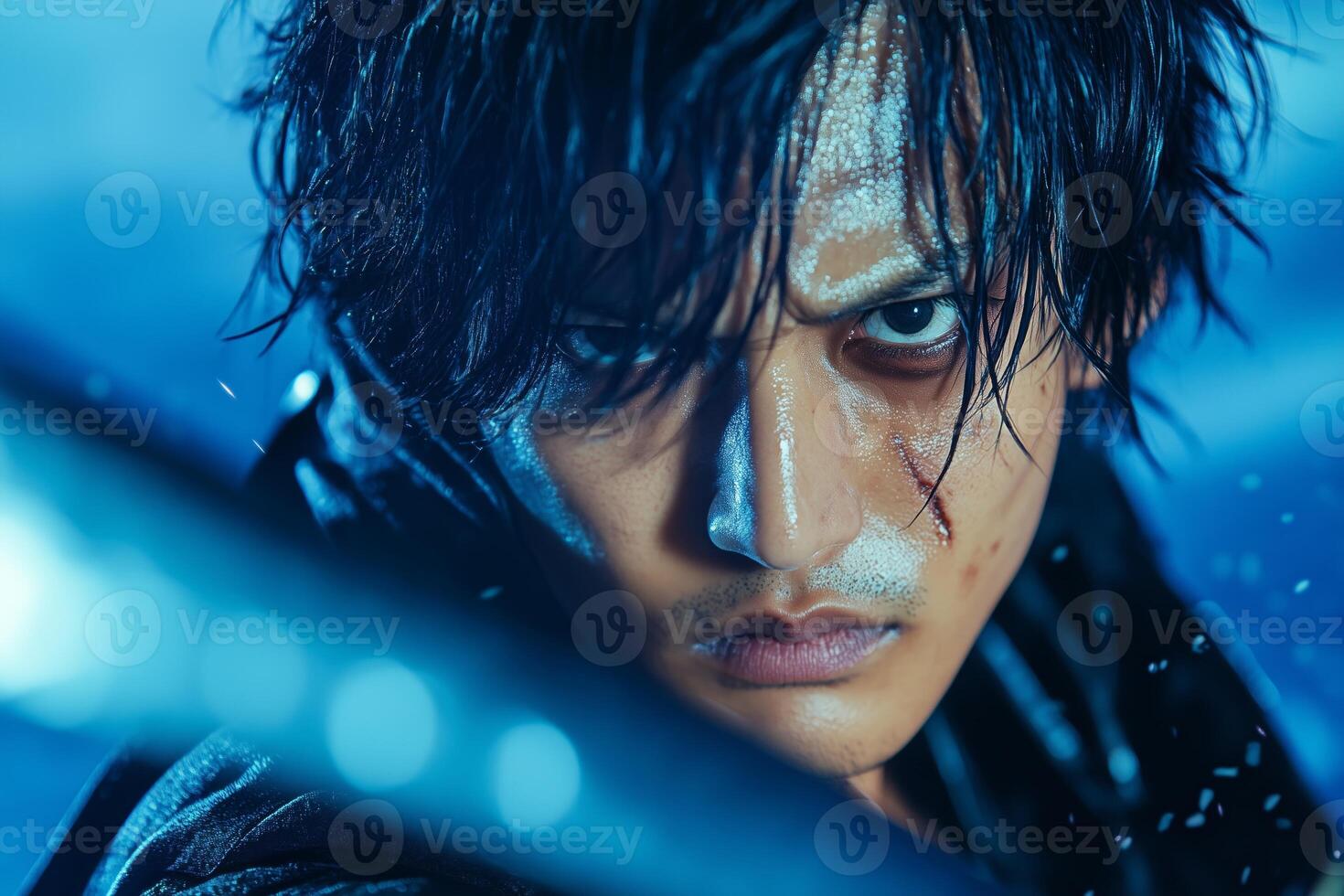 Confident anime pirate with a scarred face stands ready on a stormy ship deck wielding a sword photo
