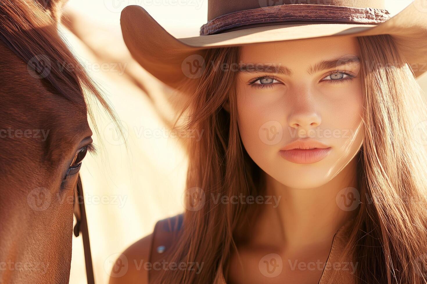 Confident cowgirl in leather vest and hat stands proudly by her horse near a rustic barn under warm sunlight photo