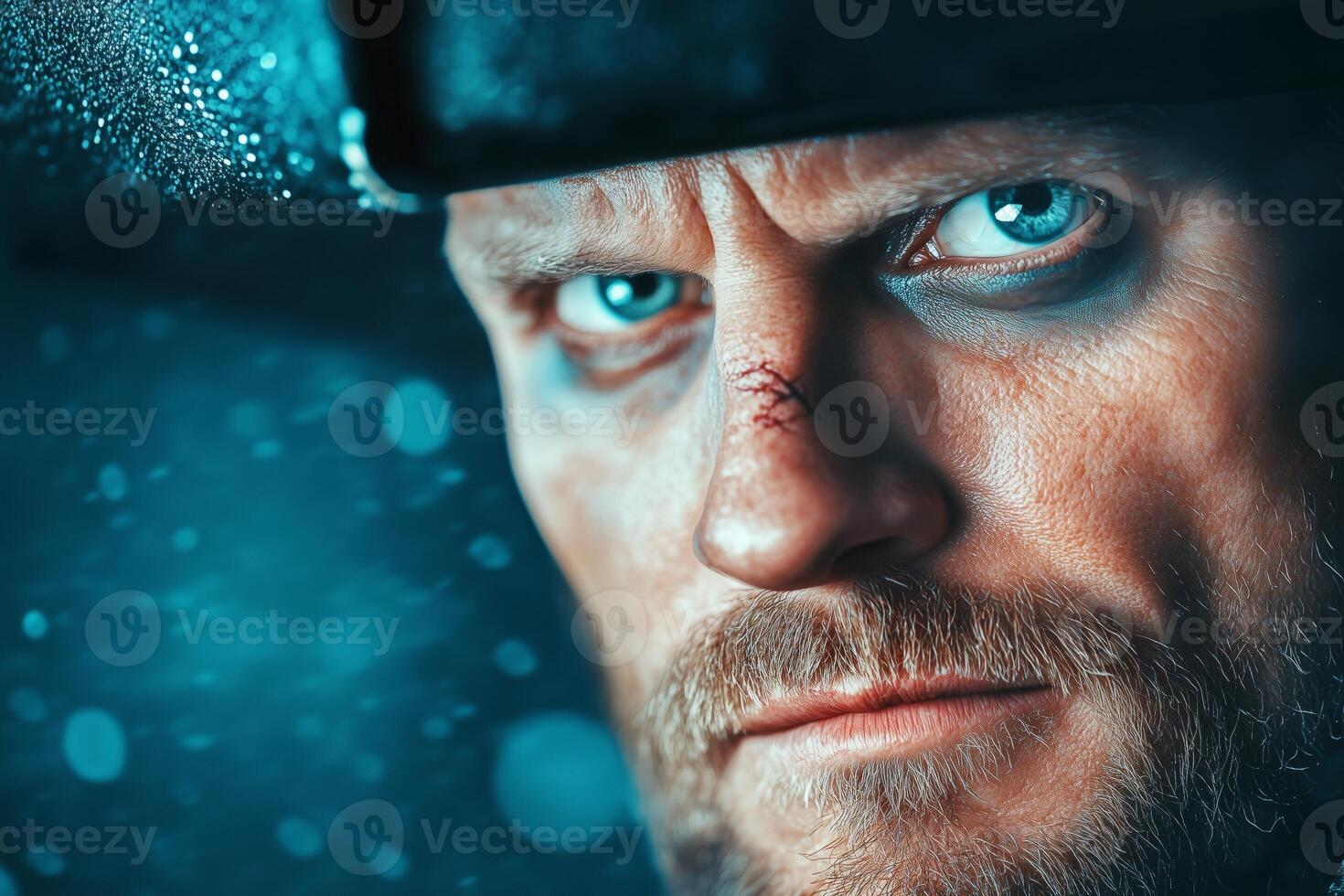 A gritty pirate stands resolute, showcasing a deep scar on his cheek against a sea-themed backdrop at twilight photo