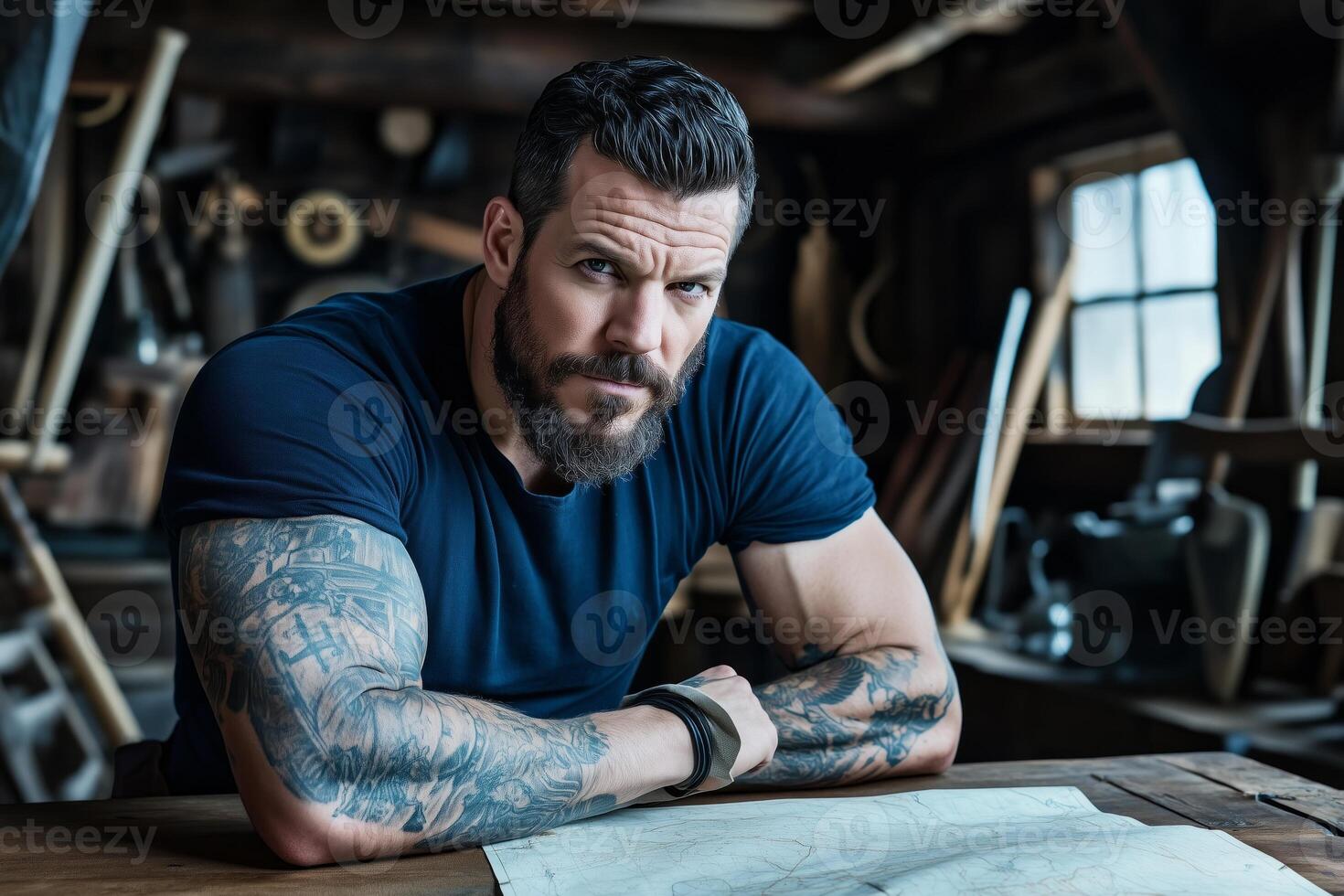 A tattooed pirate rolls up a treasure map on a rustic wooden table in a dimly lit nautical cabin photo