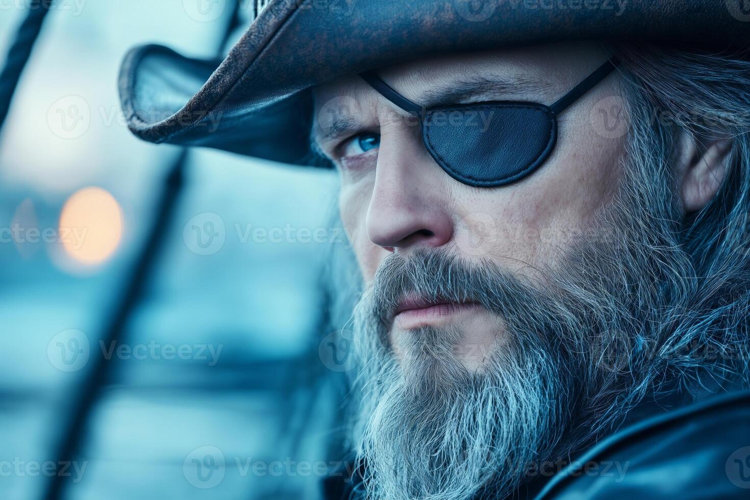 A bearded pirate stands on a ship deck against a stormy sea in evening light photo